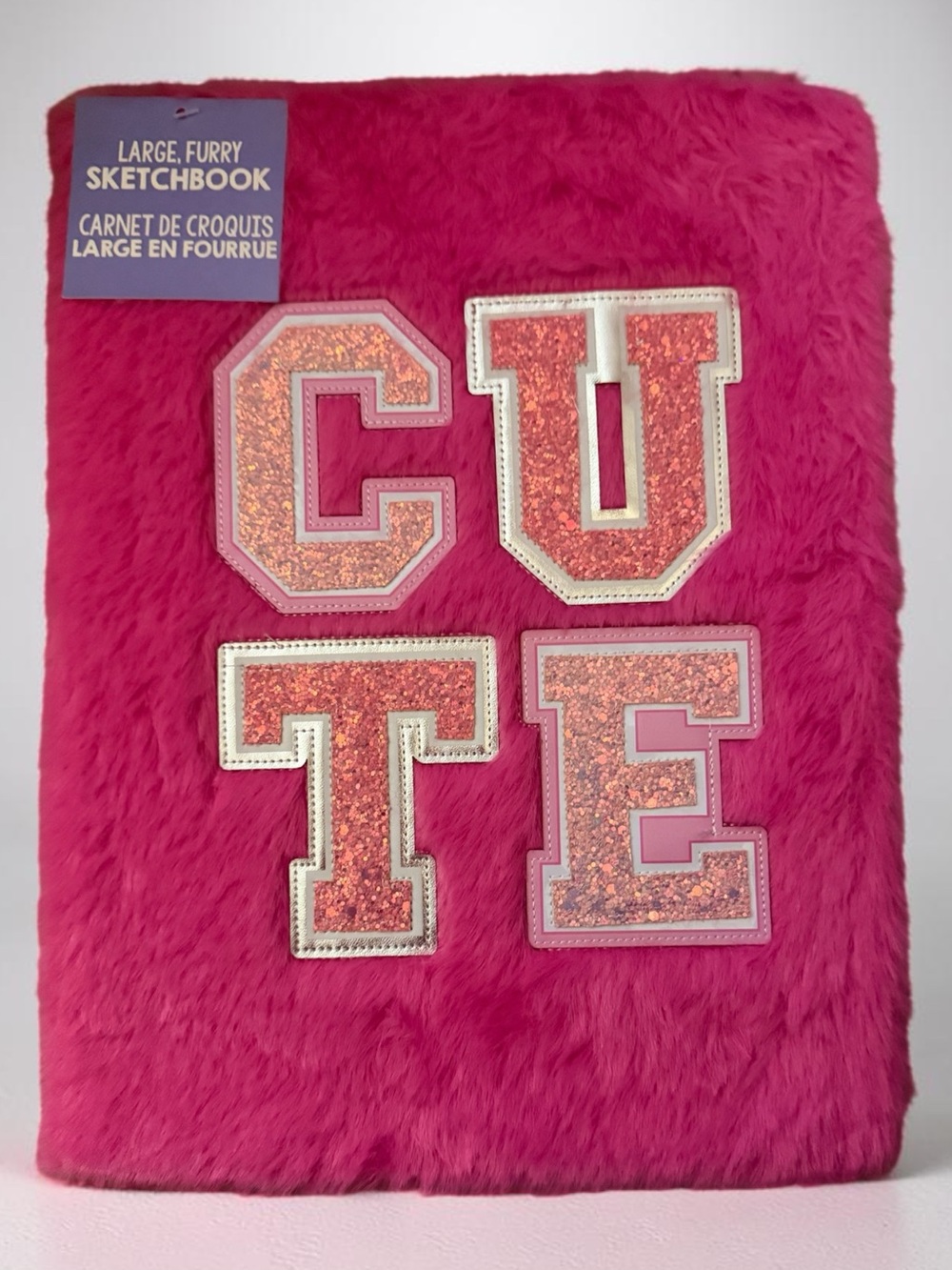 Claire's Hot Pink Furry Sketchbook with Glitter 'CUTE' Letters